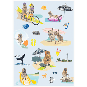 Seven quokka’s doing various Rottnest Island holiday activities; biking, surfing, snorkelling, stand-up paddle boarding. Rottnest Island quokka’s art print.