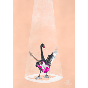 An artwork of a black swan playing a pink electric guitar on blush coloured background. Art prints for boys or girls bedroom. Created by Good Art Australia.