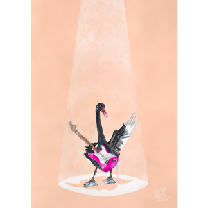 An Australian bird print of a black swan playing a pink electric guitar on blush coloured background. Kids wall hangings created by Good Art.