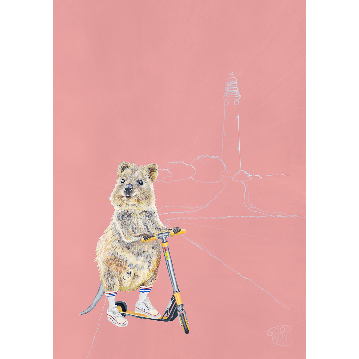 Wall art for a girls room of a cute Quokka riding a scooter. Painted by artist Jaelle Pedroli of Good Art Australia. The background colour is predominately blush.
