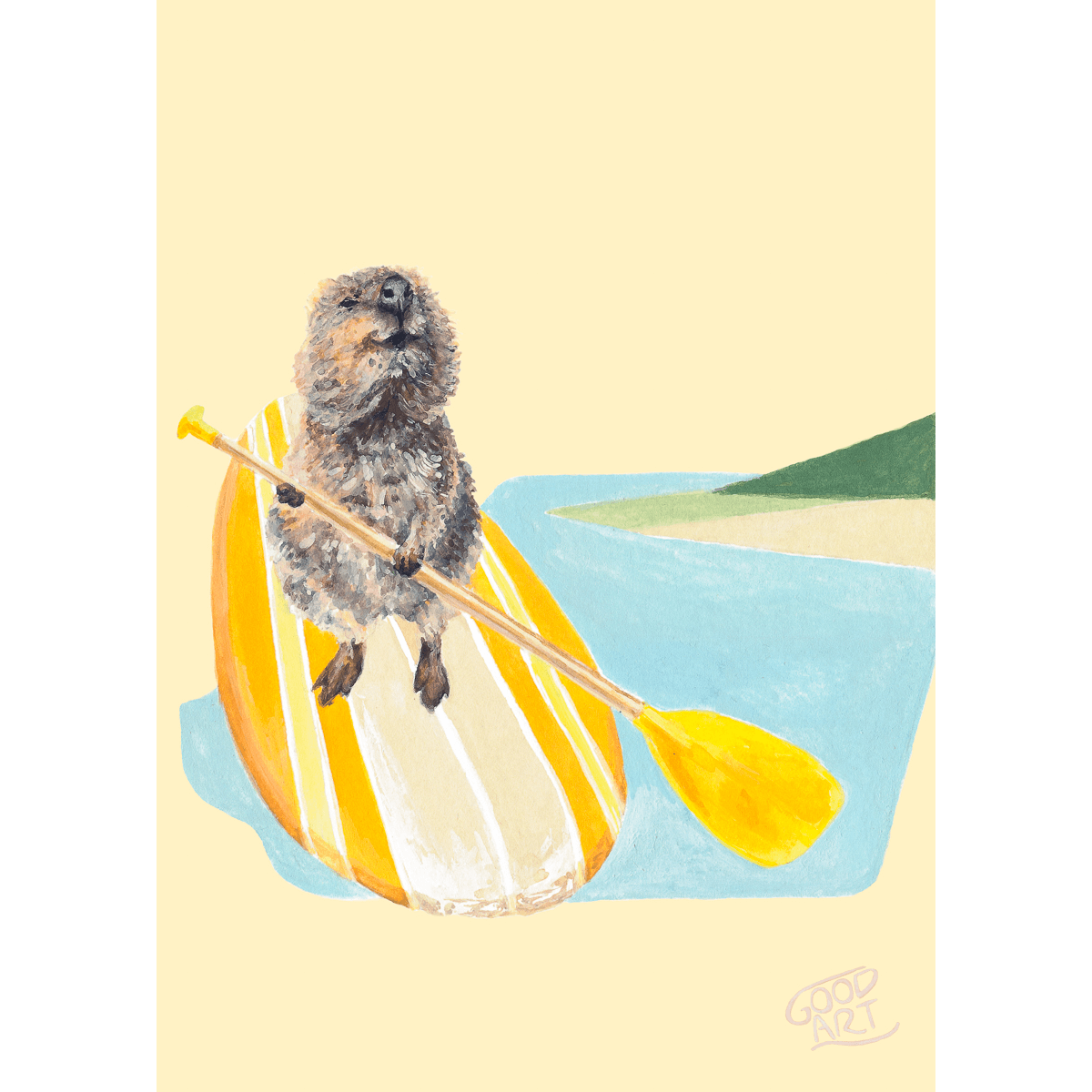 An art print of a Rottnest quokka blissfully paddling a yellow stand up paddle board over the ocean. A bit of land in the background. Predominately yellow background.