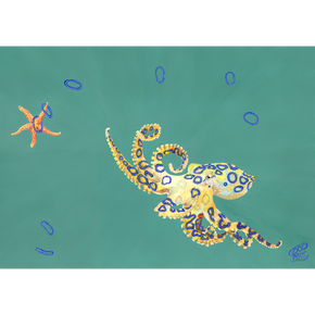 A painting of a blue ringed octopus playing quoits with a starfish. The blue ringed octopus found off the coast of Western Australia. Painted with a predominately teal background. Art print for boys teens bedroom. An artwork for marine life enthusiast.