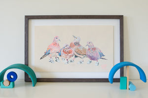 An artwork of Laughing and Spotted Australian backyard Doves. Four birds in total wearing Run DMC adidas sneakers. The bird print for kids sits on shelf in a childrens bedroom. Painted by artist Jaelle Pedroli.