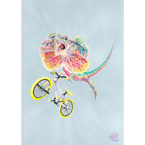 Colourful artwork of an Australian frilled neck lizard riding a bmx bike flying over a jump. predominately light blue background. Prints by Good Art created for kids.