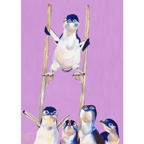 An art print of 5 Little Penguins. Above a waddle of Little Penguins the smallest of them all towers above the heads of all the others on a pair of stilts. The print has a purple background. 
