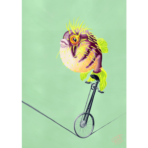 A painting of a fugu riding a unicycle on a tightrope with a predominately green background. A circus themed artwork art by artist Jaelle Pedroli.