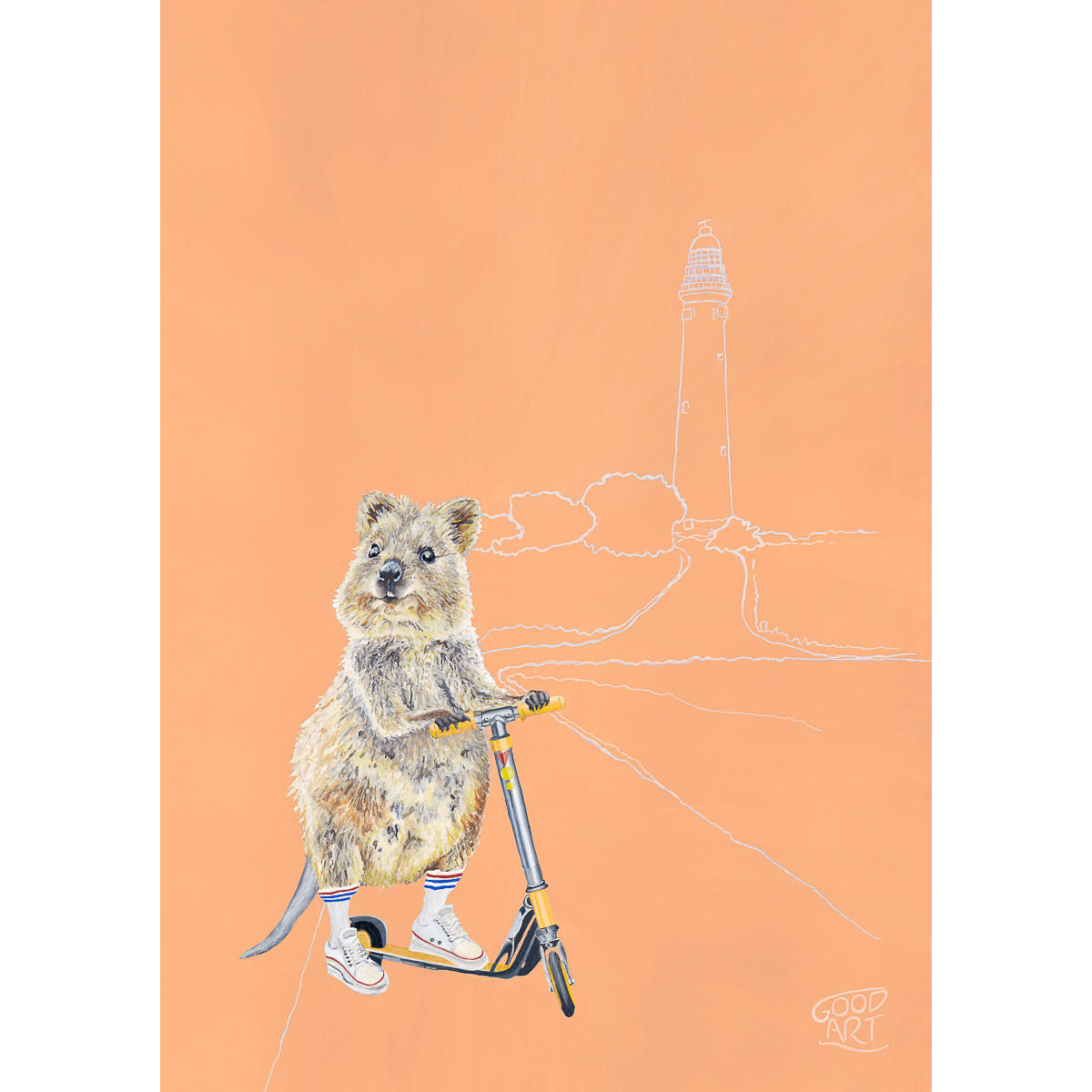 Rottnest Island Quokka kids print painted by artist Jaelle Pedroli. The Quokka is riding a scooter. Apricot coloured background.