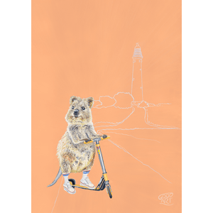 Rottnest Island Quokka kids print painted by artist Jaelle Pedroli. The Quokka is riding a scooter. Apricot coloured background.