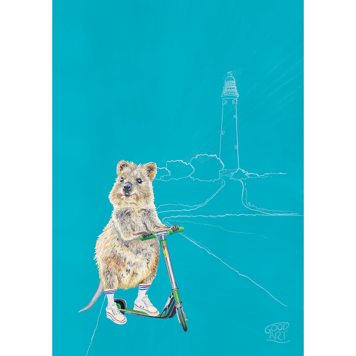 A painting of a Western Australian Rottnest Quokka. The quokka is riding a scooter. An aqua background colour. Wall art for boys room by Good Art.