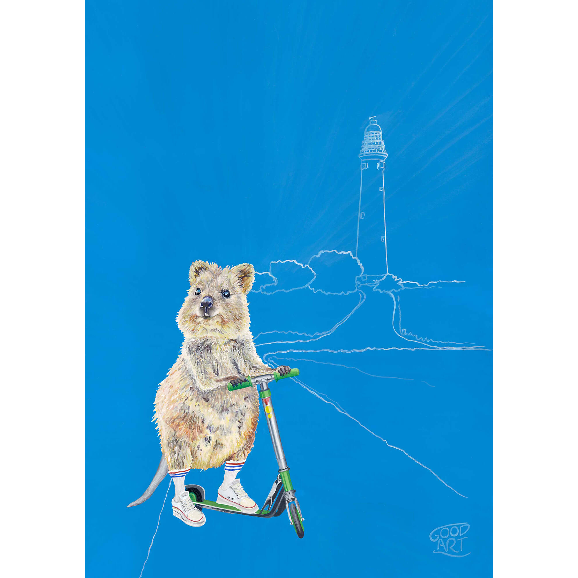 Wall Art for boys created by Good Art. A Western Australian Rottnest Quokka riding a scooter with lighthouse in the background. Predominantly blue background. Australiana inspired kids bedroom.