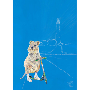 Wall Art for boys created by Good Art. A Western Australian Rottnest Quokka riding a scooter with lighthouse in the background. Predominantly blue background. Australiana inspired kids bedroom.