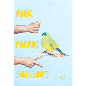 A colourful artwork of the Rottnest Rock Parrot playing a game of rock paper scissors against a pair of hands.