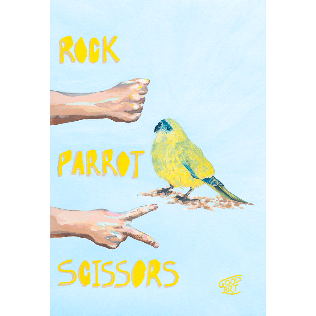 A colourful artwork of the Rottnest Rock Parrot playing a game of rock paper scissors against a pair of hands.