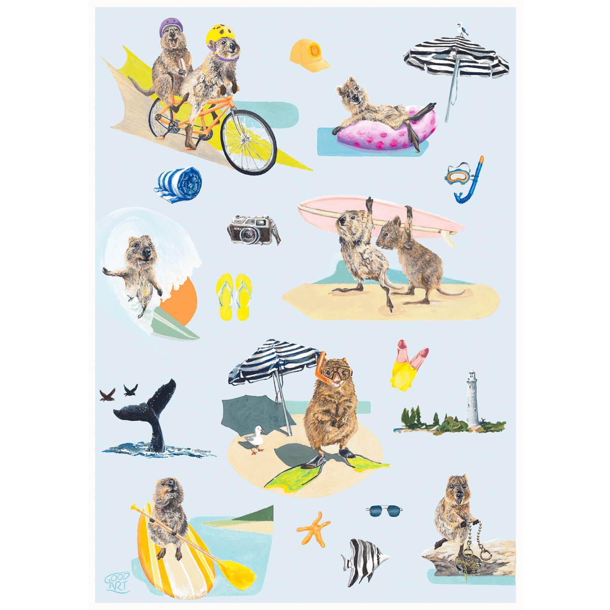 Seven quokka’s doing various Rottnest Island holiday activities; biking, surfing, snorkelling, stand-up paddle boarding.