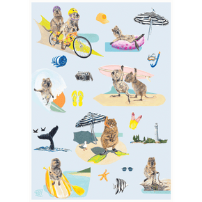 Seven quokka’s doing various Rottnest Island holiday activities; biking, surfing, snorkelling, stand-up paddle boarding.