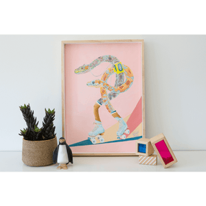 Wall Art of snakes roller skating, whilst listening to a walkman. In a retro themed Art print, styled in a kids bedroom. Dusty Pink background.