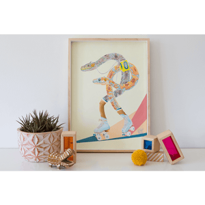 A painting of Western Australian Carpet Pythons roller skating, whilst listening to a walkman. Retro themed Art print, styled in a kids bedroom. Mellow Yellow background.