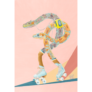 Two snakes roller skating, whilst listening to a walkman. In a retro styled colourful Art print. Dusty Pink background.