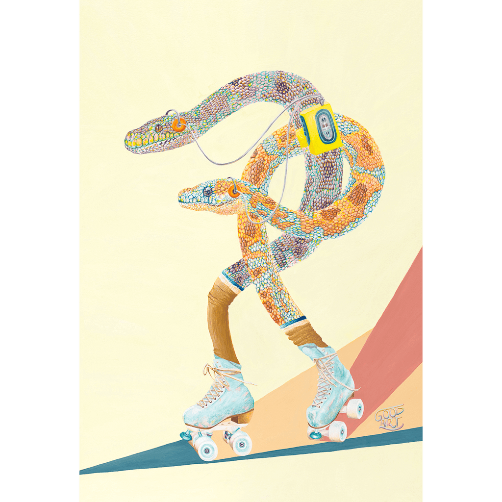 An artwork of Western Australian Carpet Pythons roller skating, whilst listening to a walkman. In a retro styled Art print. Mellow yellow background.