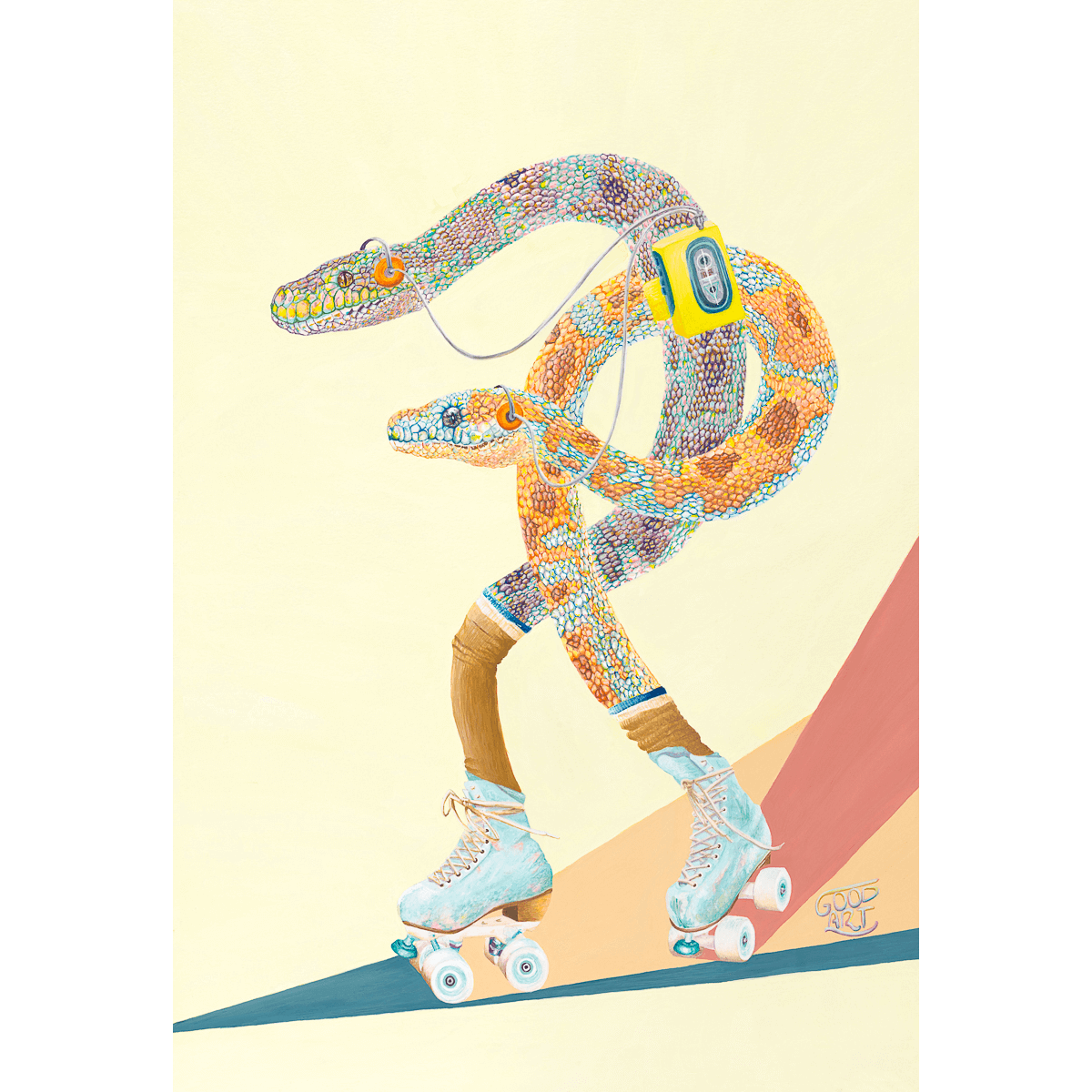 An artwork of Western Australian Carpet Pythons roller skating, whilst listening to a walkman. In a retro styled Art print. Mellow yellow background.