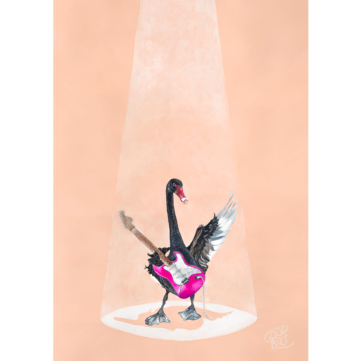 An artwork of a black swan playing a pink electric guitar on blush coloured background. Art prints for boys or girls bedroom. Created by Good Art Australia.