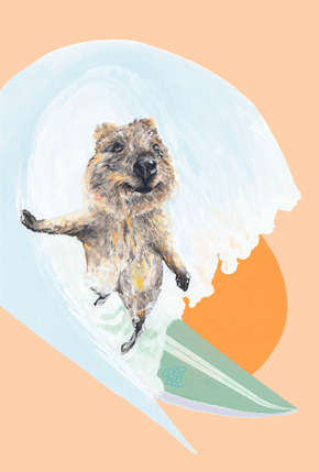 Quokka surfing a barrel wave with the sunsetting behind her. Green surfboard, orange sky. Quokka art print.