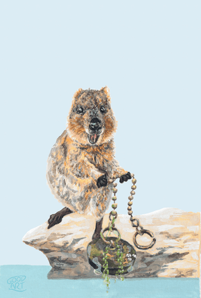 Standing on the rocks at the edge of The Basin, Rottnest Island a quokka is pulling a large sink plug from the sea. A print of the original artwork, Rottnest Basin quokka.