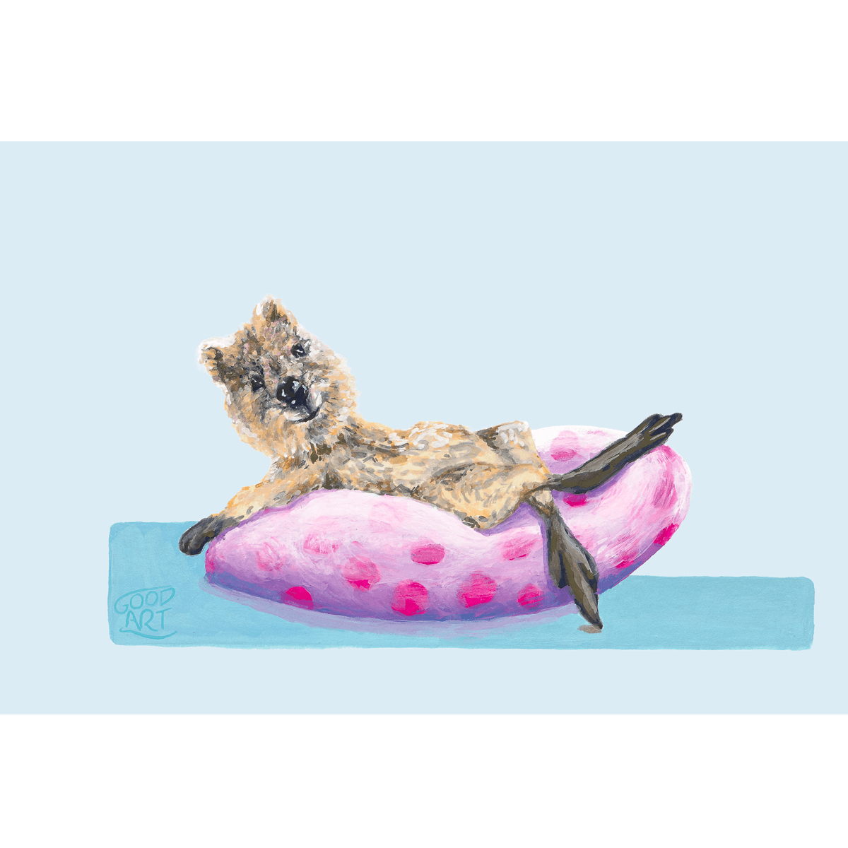 An art print of a Rottnest Island quokka reclining on a pool doughnut, whilst dipping her toe into the sea. Pink and purple spotted doughnut. Good Art print.