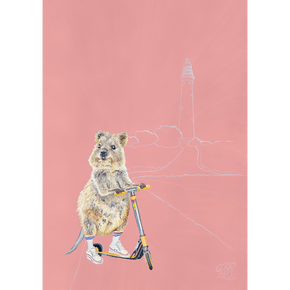 Wall art for a girls room of a cute Quokka riding a scooter. Painted by artist Jaelle Pedroli of Good Art Australia. The background colour is predominately blush.