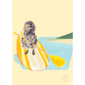 An art print of a Rottnest quokka blissfully paddling a yellow stand up paddle board over the ocean. A bit of land in the background. Predominately yellow background.