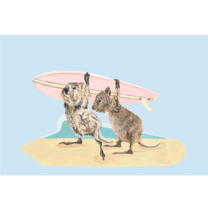Surf's up quokkas form the quokka's on holiday series. two quokka's holding a pink malibu surfboard over their heads. 